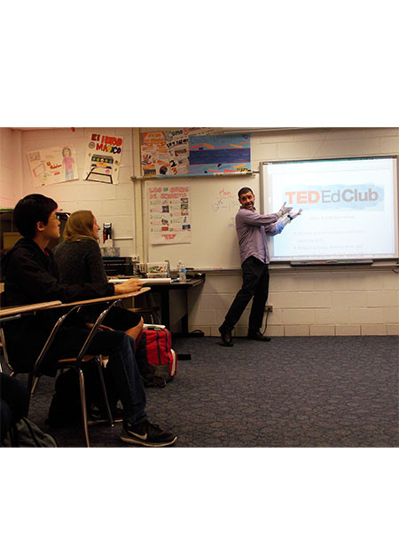 Presenting at TED-Ed Clubs first meeting, sponsor Jorge Zamora talks with new club members. The club will work to enhance students presentation skills as they discuss and develop their own ideals. 