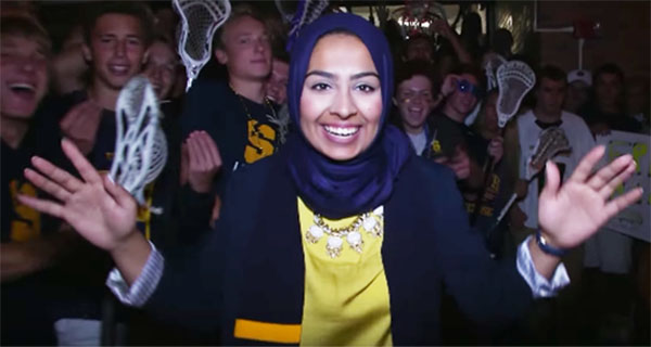 Singing along to The Spark by Afrojack, senior Saarah Bhaiji shows her Titan spirit in the 2016 GBs lip dub. Bhaiji is an advocate for human rights and social justice for all people. Photo courtesy of GBSTV