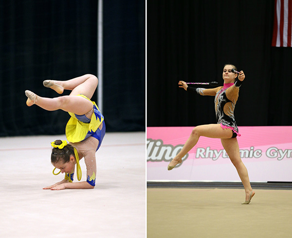 Rhythmic Resiliency:  Competing at her first national competition for rhythmic gymnastics at 11 years old, senior Sasha Vassilyeva does an elbow stand (left). Five years later, Vassilyeva performs at an international competition (right). Photos courtesy of Sasha Vassilyeva