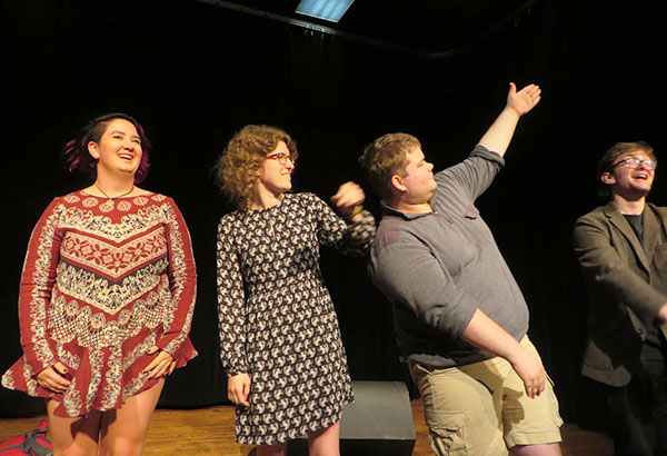 Dazzling Directors:   Bowing after the end of their shows, senior directors (left to right), Sofie Schwartz, Anna Bundy, Micheal Kirby and Aidan Demsky, participate in the last theatre related event of the school year. The names of their plays, respectively, are, “Drugs are Bad”, “Not a Date”, “Buyer$ Market” and “The Secret Origin of Mojo Man”.