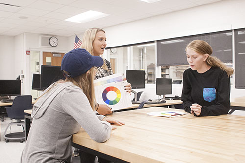 INTEREST IN INTERIOR: Tuning in to their teacher, sophomores Avery Jerva and Caroline Sultz intently listen to Mellissa Regan, Interior Design teacher, explaining an upcoming project. Interior Design is a project-based class. The ultimate goal  is to help students find and express their unique style through design. 