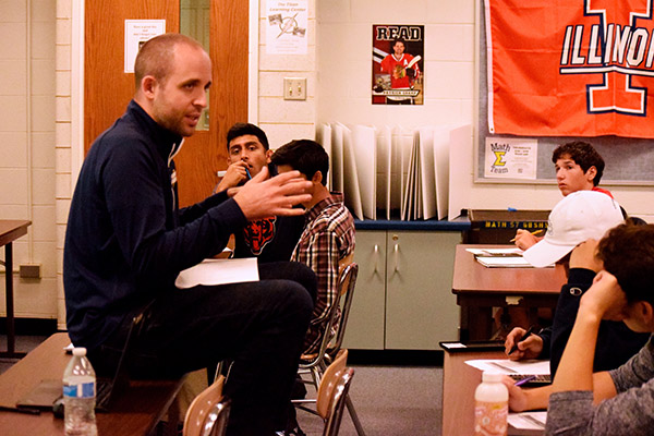 COPE IN CHARGE: Addressing a room full of engaged students, math teacher Bryan Cope exlains a complex concept . Before recieving Glenbrook South’s Distinguished Teacher Award in 2017, Cope taught at South for 13 years and imparts knowledge as well as life lessons to his students.