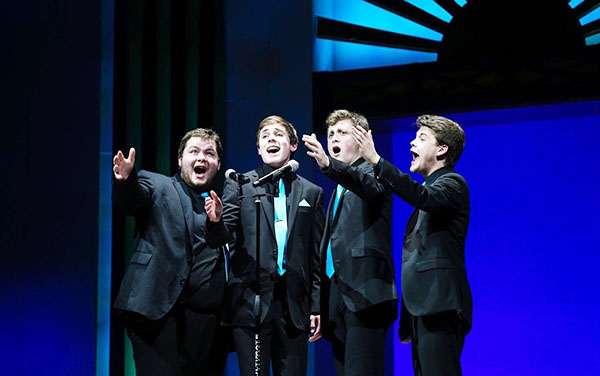 CAROLING COLB: Performing in Souths 2016 variety show, from left to right, alumnus Micheal Kirby,  senior Colb Uhlemann, alumni Ethan Reiss and Jack Riley sing together. Uhlemann is the president of Master Singers and is involved with three of Souths a capella groups. 