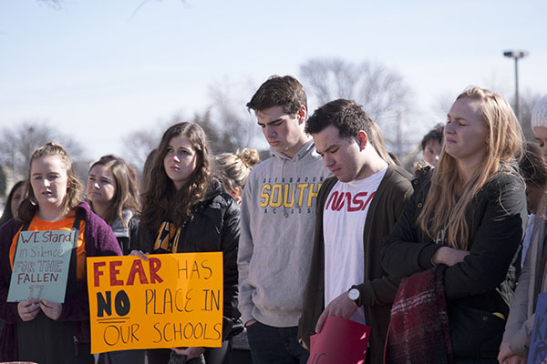 REMEMBER MSD:  Standing in silence, seniors Zoe Golden, Rachel Schwartz, Aidan Graham, Austin Sulejmani and Cat Berg reflect on the Marjory Stoneman Douglas shooting in Parkland, Florida. GBS joined schools nationwide who participated in the event planned by organizers of the Women’s March.