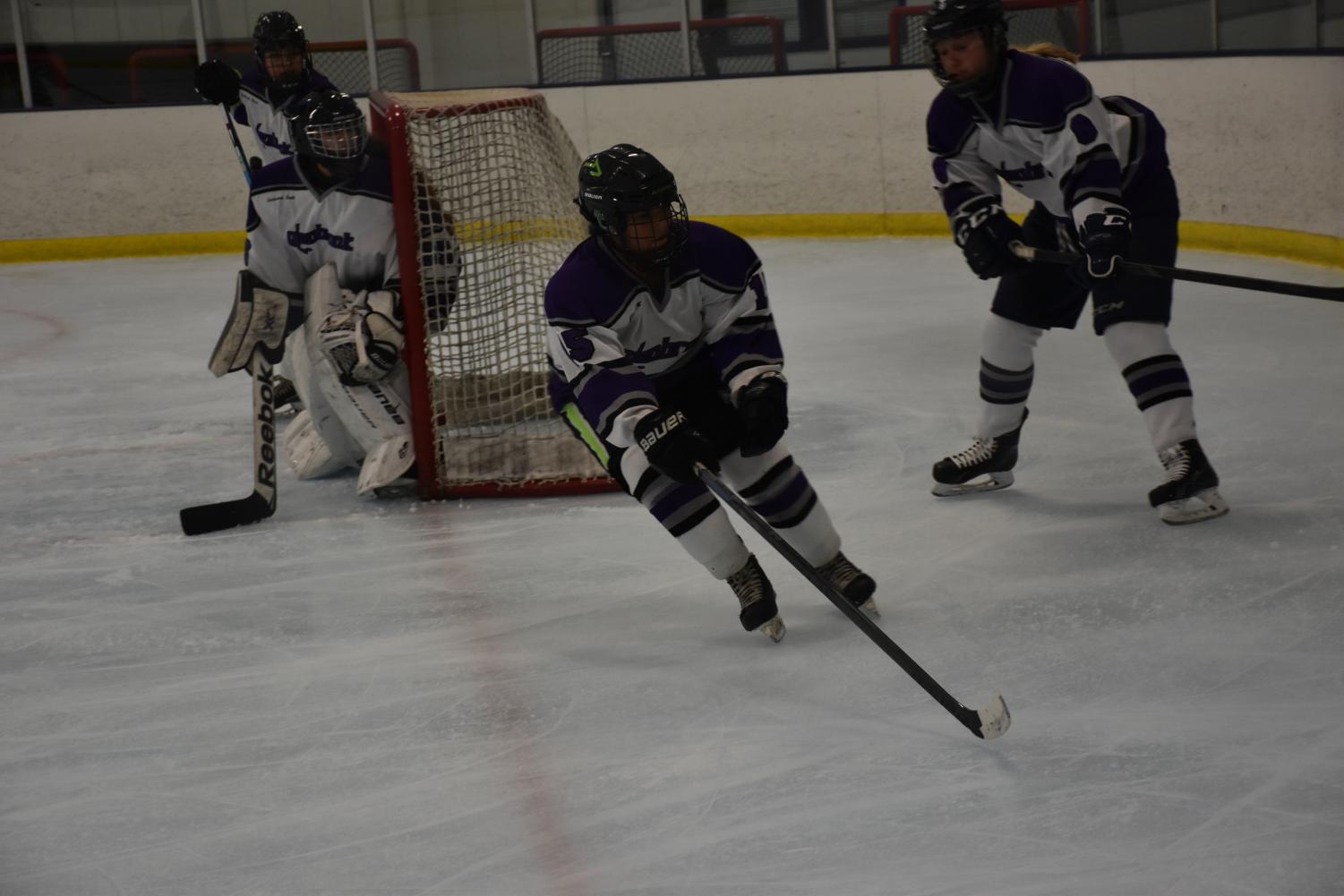 STATE BOUND: Defending the goal, senior Maddie Itagaki blocks New Trier from scoring. The Glenbrook Hockey team will return to state on March 24 at the United Center.