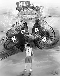 Scandal Storm :    NCAA players have faced trouble regarding eligibility, enrollmet, and the profesional draft. The NCAA’s new rule changes look to smooth out transitions and add flexibility to the decisions of student athletes.  Illustration by Margo Kazak
