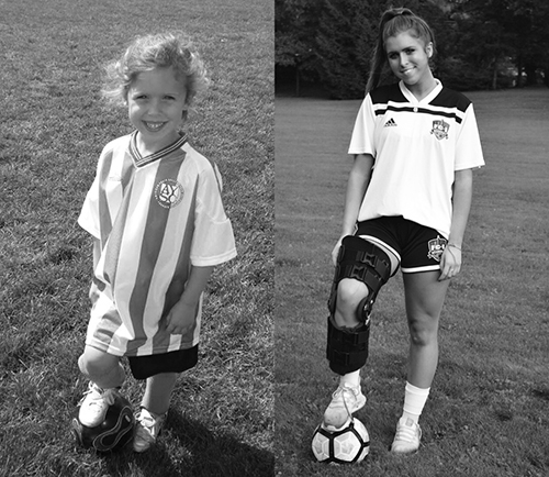 Soccer   Star:  Preparing for soccer games, Junior Caroline O’Shaughnessy poses for photos. On the left, O’Shaughnessy is five, and on the right, she is 16. Photos courtesy of Caroline O’Shaughnessy