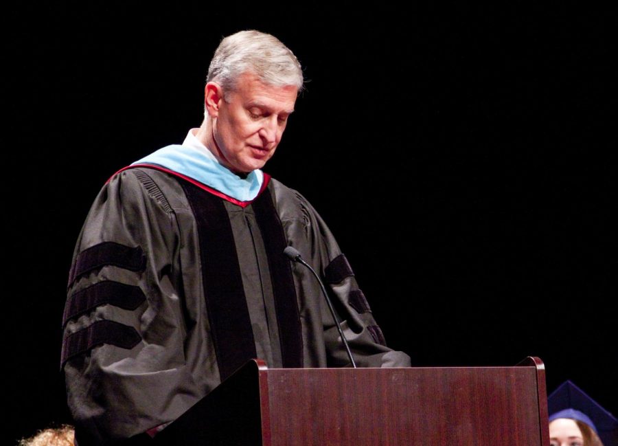 Sentimental Speech: Speaking at the 2018 graduation, Riggle reflects on his cherished memories of the graduating class. On this day, Riggle officially announced to faculty his plan to retire. 
