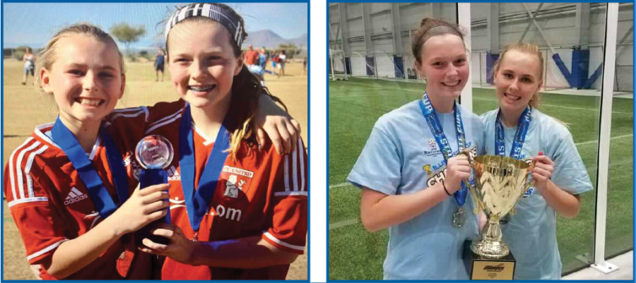 Progressing Players: Working together as teammates for the better part of their soccer careers, juniors Bella Gemignani and Lilly O’Rourke have taken their partnership to the South girls’ soccer team. Gemignani and O’Rourke take a photo together every year at tournaments they compete in, with photos from 2015 and 2020 pictured. 