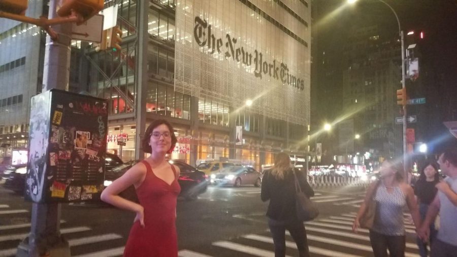 Journalist Jacobs: Beaming in front of the The New York Times building in New York City, South alumna Julia Jacobs works at the newspaper publication as a General Assignment Reporter on the Culture Desk. She began her journalism career on
The Oracle and is now a full-time writer for The New York Times. Photo courtesy of Julia Jacobs