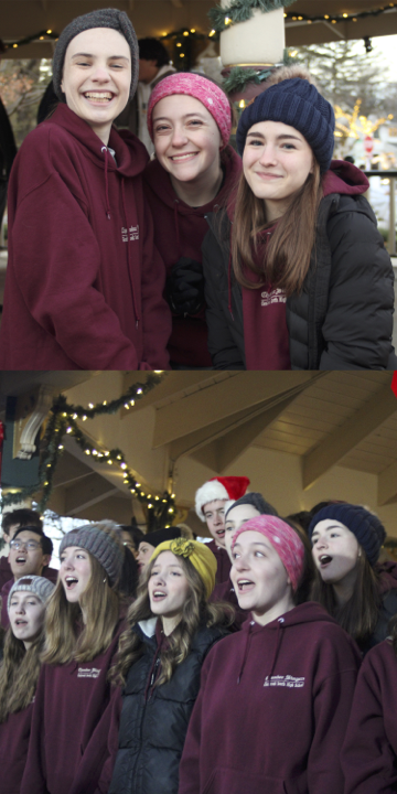 Caroling Choir: (top) (left to right) Chambers Singers juniors Lily Geimer, Naomi Lewis, and Leah Plasterer pose in front of the gazebo in Jackman Park. (bottom) (left to right) Chambers Singers sophomore Macy Hueblein, junior Maddie Uhlemann, sophomore Maddy Preston, Lewis, and Plasterer sing holiday songs under the gazebo in Jackman Park on Nov. 25 at 5 p.m. 