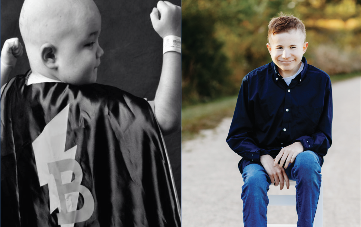 A JOURNEY LIKE NO OTHER: Eight-year-old Brannon Moran (left) wears a superhero cape while undergoing a blood transfusion during chemotherapy. Ten years later (right), he is pictured on a path, symbolizing his journey of resilience behind him and the future ahead.  