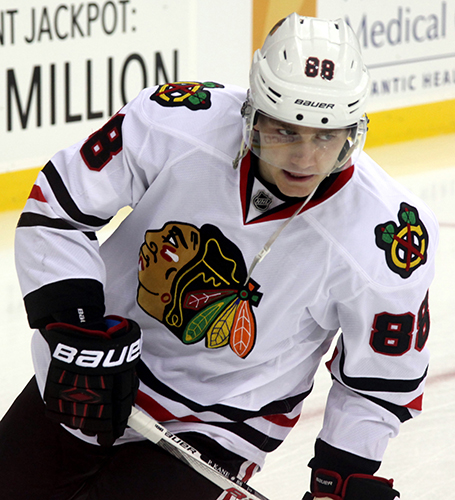 Taking part in a game, Kane is the right wing for the Blackhawks.  