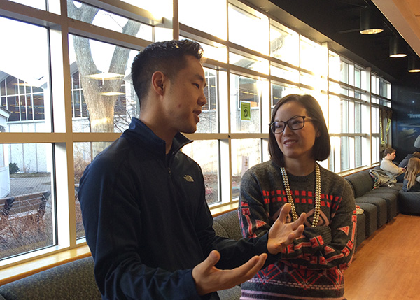 REDEFINING SERVICE: Wrapping up a Key Club meeting, club sponsor Josh Koo (left) talks to student teacher Stephanie Jund about the club’s agenda. Aside from his many roles at South, Koo extends his reach deep into the city to aid organizations in need by creating documentaries aimed at raising awareness or funds for various causes. 