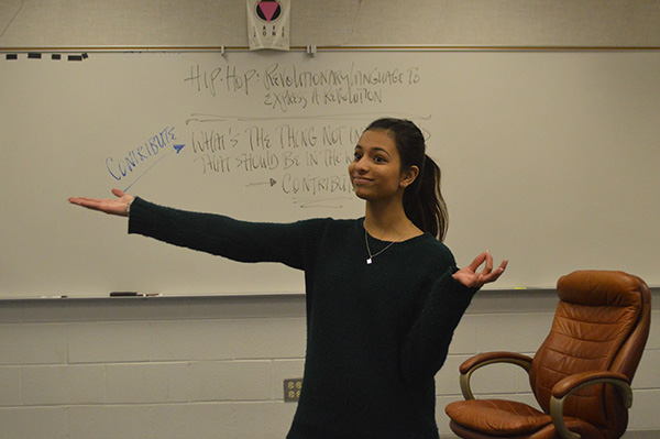 PROFICIENT PATEL: Practicing a speech after school, senior Maya Patel emphasizes her point with hand gestures. Of all the GBS Speech Team members, Patel was the only one to advance to the State tournament, which was held in Peoria on Feb. 19-20.