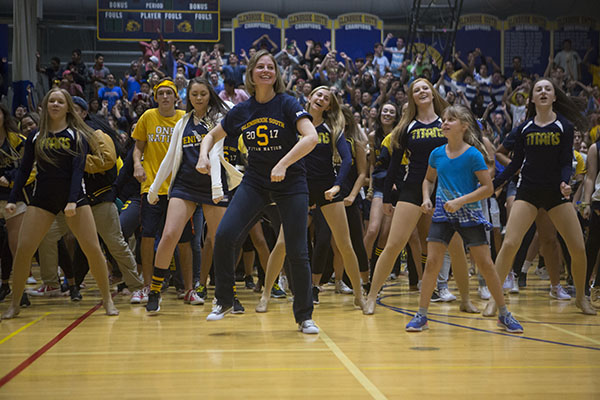 FAGEL ‘N’ FRIENDS: Performing the ìWeíre All in this Togetherî dance from High School Musical, Principal Lauren Fagel and senior students gather together for the final scene of the GBS lip dub. Fagel and other faculty and students were integral parts of the planning behind the video, according to Dr. Jim Shellard, assistant principal of student activities.