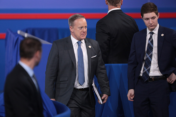 Attending the 2017 Conservative Political Action Conference (CPAC) in National Harbor, Maryland, White House Press Secretary Sean Spicer is shown (left). Spicer has recently been accused of hostility toward some media outlets. 