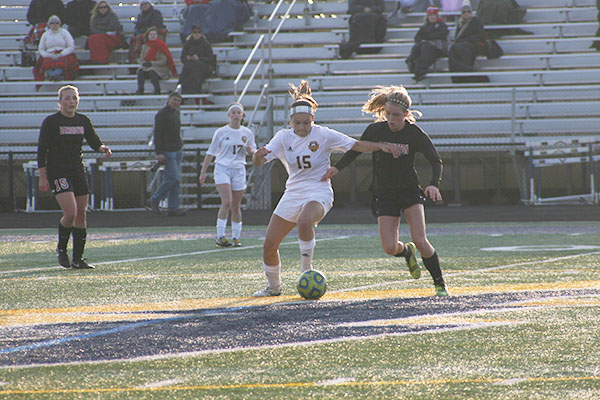 Soccer   Stadler:  Blocking her Barrington opponent, sophomore Makayla Stadler defends the Titans in their game against the Broncos on April 13. The Titans were defeated by a score of 2-1