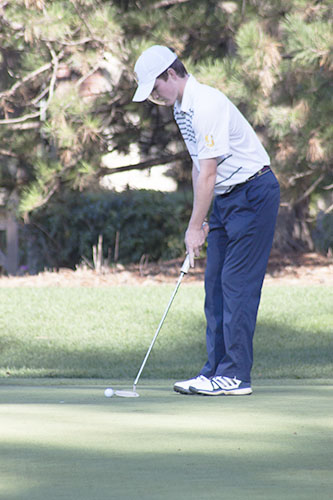 SAVVY SWINGS:  Lining up a shot, Captain Brian OConnor watches as he sinks a putt during the Titans’ match against Hersey High School on Sept. 19. The team looks to make it back to state.  