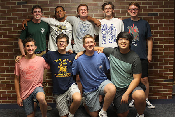 NOBLE NINE: Rehearsing for one of their performances, Nine practices contemporary music with their unique a capella style. This all-male singing group consists of (Top row, left to right) seniors Colb Uhlemann, Zach Adams, Garrett Larson, junior Jimmy McMahon, senior Jack Taylor and (bottom row, left to right) sophomore Ben Kalish, junior Zach Reiss, sophomore Cole Dubrow, and senior Patrick An.