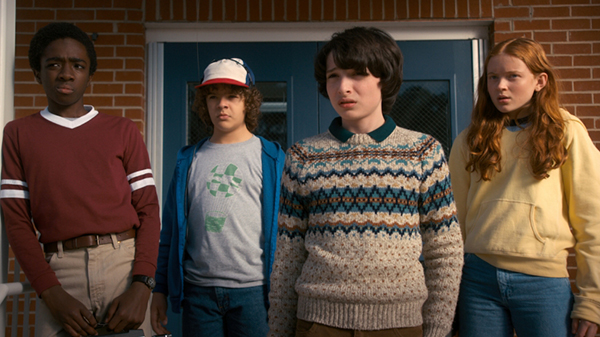 ROLE REPLACEMENT: Pictured from left to right, actors Caleb McLaughlin, Gaten Matarazzo, and Finn Wolfhard play the returning characters Lucas, Dustin and Mike in Season 2 of Stranger Things.  Pictured on the right, actress Sadie Sink portrays the new heroine, Max, acting as a replacement for Eleven and evoking backlash from the fan base.