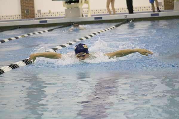MAD MAX:  Completing a butterfly stroke, freshman Max Iida competes for the Titans in a dual meet against Niles West. iida and the other Titan swimmers beat Niles West on Dec.15