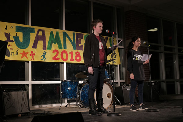 KALEB FIGHTS FOR HUMAN RIGHTS: Speaking at South’s annual concert “Jamnesty”, junior Kaleb Garden gives a passionate speech to his peers. Garden talked about human rights issues in an effort to raise awareness throughout South.