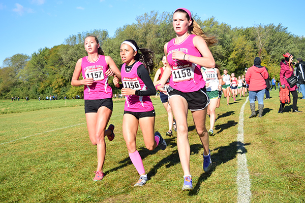 Running together (right), junior Gigi Walsh (left), senior Catherine Nowak (center) and sophomore Alex Kleemen (right) continue to finish the meet. The Titans placed fifth overall at Regionals on Oct. 28.