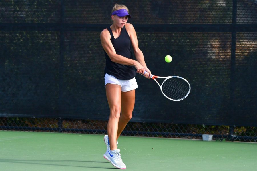 Winning wildcat: Returning a serve (left) and getting set to serve (right), Northwestern commit Sydney Pratt prepares to continue her success on the tennis court. Pratt’s tennis prowess drew Northwestern University’s attention, ultimately resulting in a scholarship offer to play for the school’s team on Aug. 28. Courtesy of Sydney Pratt