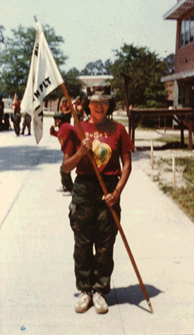 Dutiful Diana: Holding her platoon’s flag, Diana Starcevich marches during basic training at Fort Jackson, South Carolina. Starcevich was about 20 at the time. 