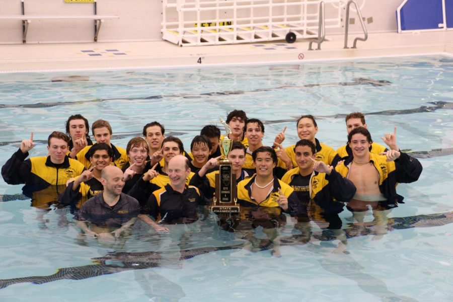 Stand-out Swimmers: Posing with the state championship trophy in the GBS pool, the boys’ swim team completed the tradition of a celebratory dive with the state trophy on April 9. The team was celebrated for their first state championship in program history earlier in the night during South’s home football game against Maine South. 
