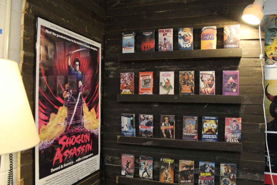 Cowlin’s corner: Cowlin’s own nod to a time before the digital age in cinema is the VHS movie boxes lining the corner of the Film Studies room, a time when picking a film all depended on the movie box art and summary on the back. Photo by Alisha Zachariah
