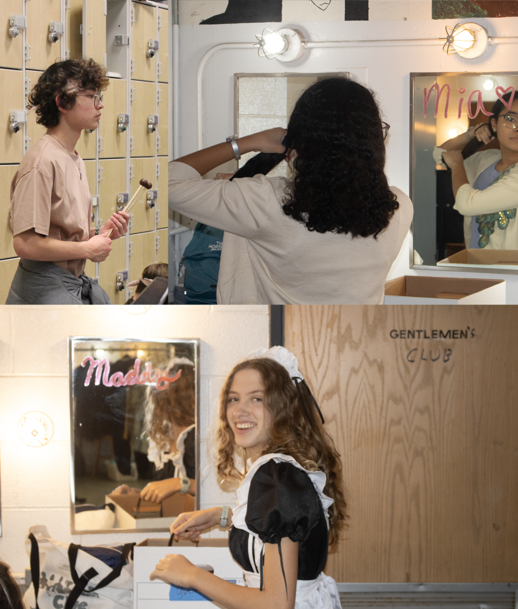 Tapestry of Talent: (top to bottom) sophomore Peter Loughran plays xylophone at Glenbrook Symphony Orchestra (GSO) rehearsal, and sophomore Madeline Preston and junior Mia Hermann pose next to the mirrors backstage of the fall play.