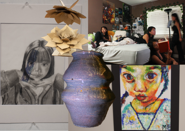 Many Mediums: Photo by Amberlyn Hwang, ceramic by Grace Tekip, painting by Michelle Enkhbat, sculpture by Mark Begonia, and drawing by Anu Albegbayer.