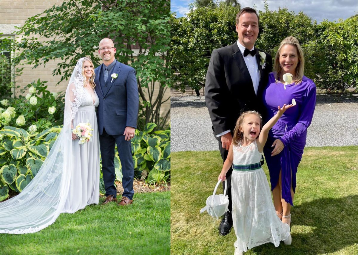 School Bells to Wedding Bells: Teachers Scott and Elizabeth Nemecek (left) celebrate on their wedding day, almost five years ago. Matthew Whipple, Katrina Prockovic, and their daughter, Paloma, (right) stand together at a relatives wedding. Whipple and Prockovic have been married for nine years.
