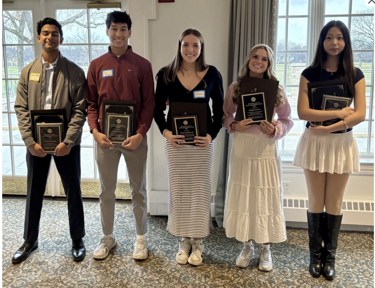 ACCOMPLISHED STUDENT AWARD: (left to right) David Thekkath, Sunil Mishra, Emily Macpherson, Abby Gartner, and AJ Battogtokh were given the Optimist award by the Glenview Optimist Club. The students recieved the award due to positive traits they demonstrated through their high school careers. Photo by Julie Smith. 
 nominated. Photo by Julie Smith. 