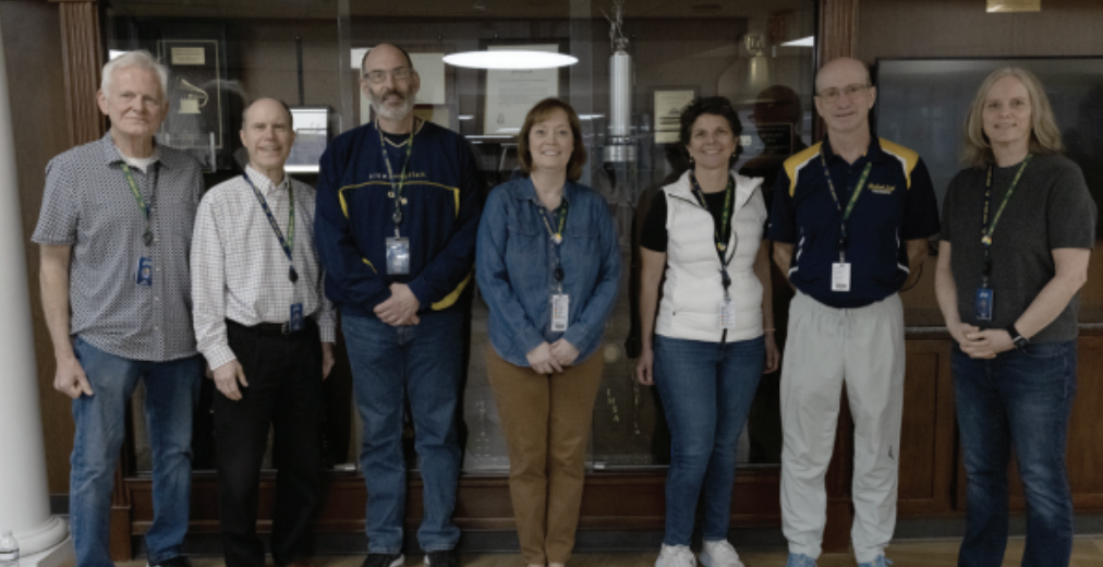 LEGACY OF LEARNING: After the last late-start staff meeting, seven of nine retiring teachers posed for a photo. Left to right, Dale Laackman, Special Education Teacher, Jeff Rylander, Instructional Supervisor (IS) of the Science Department, English Teacher Hillel Crandus, Math Teacher Teresa Youngberg, Sharon Sheehan, Math Teacher and Instructional Coach, P.E. Teacher Keith MacDonald,
and Dawn Hall, IS of the Career and Technical Education (CTE) Department (left to right) have shown countless dedication to South for years, and are now ready to take the next step in their journey.