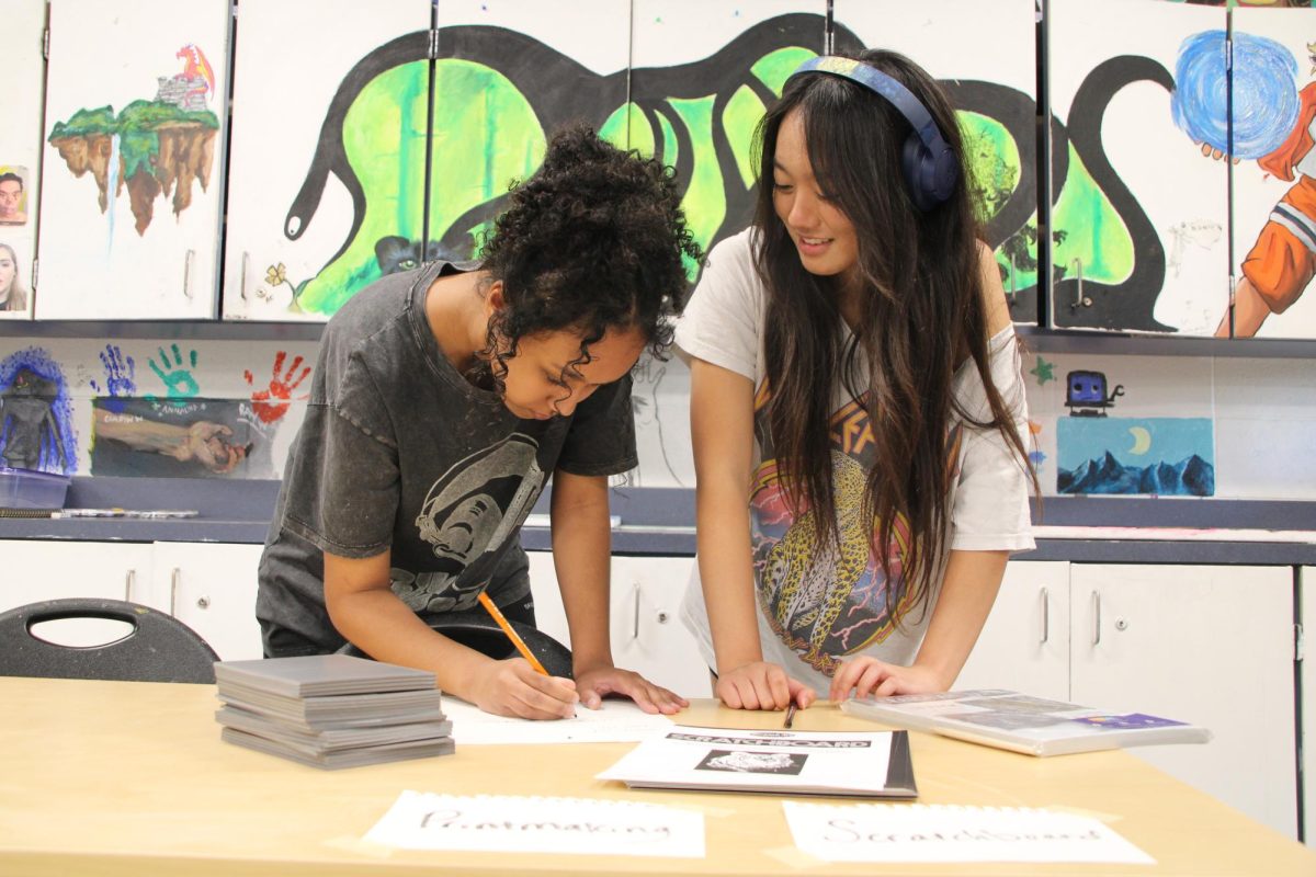 PREPPING TO PAINT: Art Club Vice President Haneen Abdi (left) and President Peneloupe Aparejo-Toque (right), plan events for their next meeting. They discuss materials they need and lessons that can be learned this meeting.