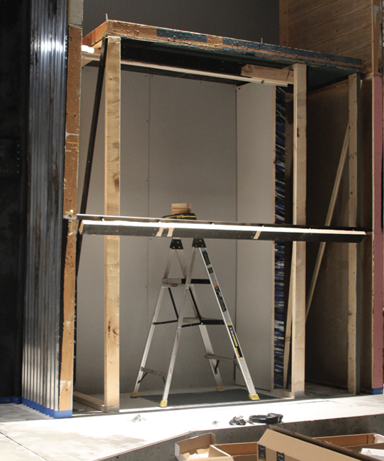 RAINING WITH REMEMBERANCE: The Eurydice crew built the water elavator, adding a meaningful element to the play. It contains PVC pipes and half crescent pipe above it in order to allow the water to disperse and spray out of the top.
