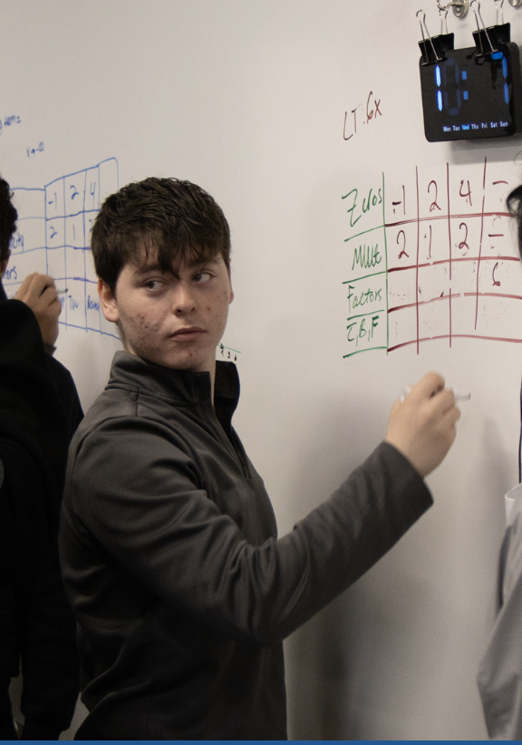 WHITEBOARD WORK: Senior Aiden Kujawinski solves a math problem in his precalculus class on the whiteboards. Whiteboard work is part of the Thinking Classroom approach starting at South.